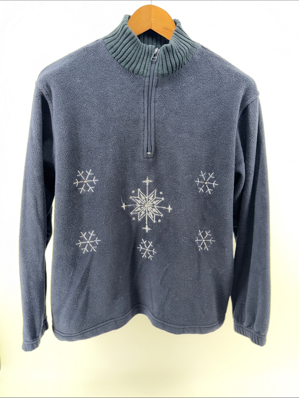 Ladies Navy Half-Zip Fleece Sweater with Snowflake Embroidery